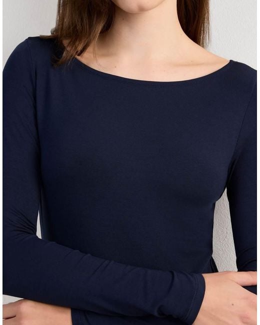 Intimissimi Blue Long-Sleeved Boat-Neck Micromodal Top