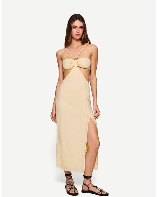 Bershka Natural Rustic Cut Out Midi Dress