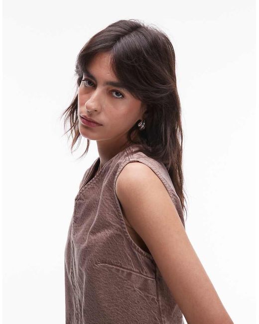 TOPSHOP Brown Denim V-neck Mini Dress