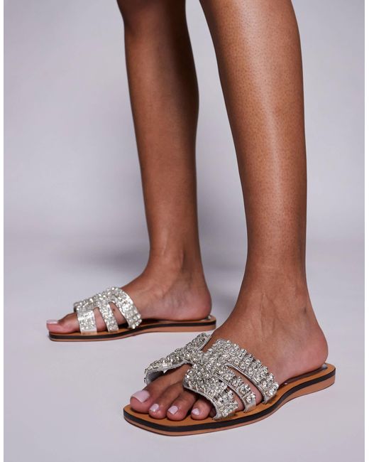 River Island Brown Diamante Cut Out Flat Sandal