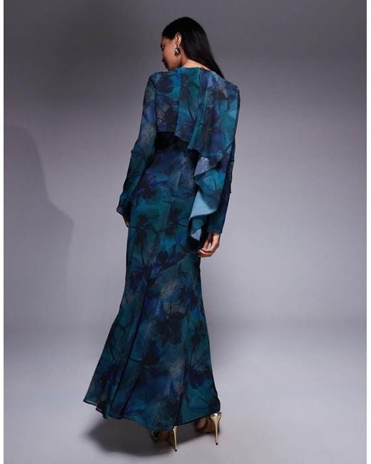 DASKA Blue Ruffle Cape Maxi Dress