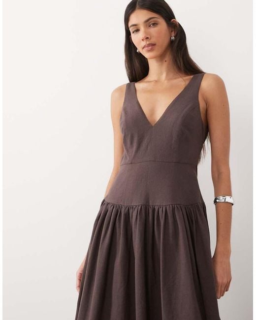 ASOS Brown Deep V Neck Dropped Waist Midi Sundress