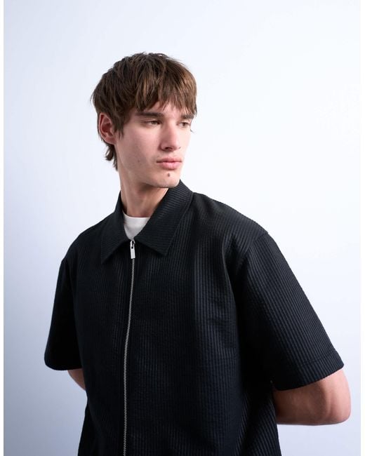 Topman Black Oversized Fit Seersucker Zip Through Shirt for men