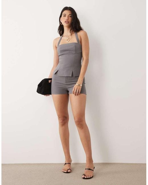 Kaiia Gray Exclusive Tailored Square Halterneck Split Front Top