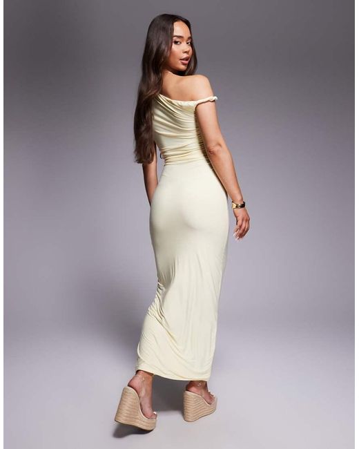 Kaiia Purple Exclusive Double Layered Slinky Twist Off Shoulder Bodycon Maxi Dress