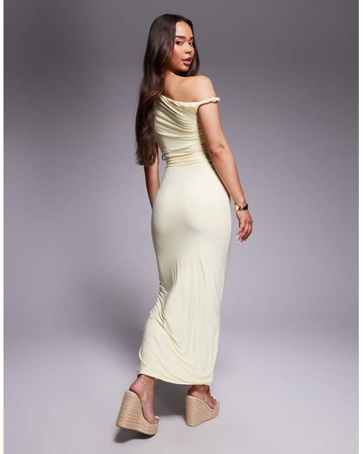 Kaiia Purple Exclusive Double Layered Slinky Twist Off Shoulder Bodycon Maxi Dress