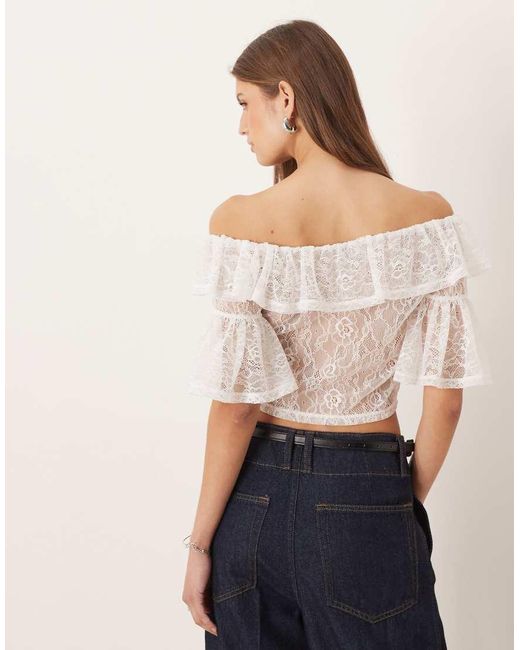 ASOS Natural Sheer Lace Ruffle Bardot Crop Top