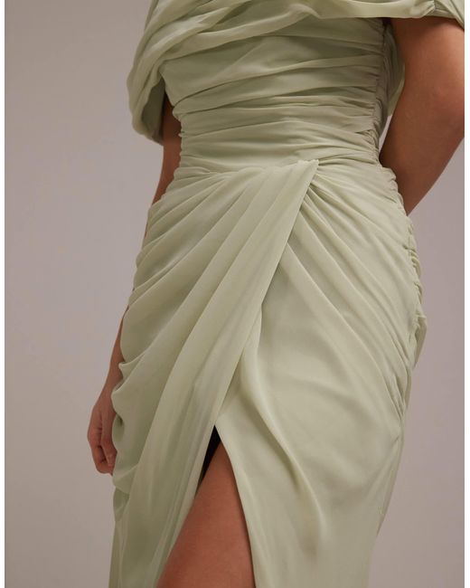 ASOS Brown Bridesmaids Bardot Chiffon Draped Maxi Dress With Fixed Wrap Skirt