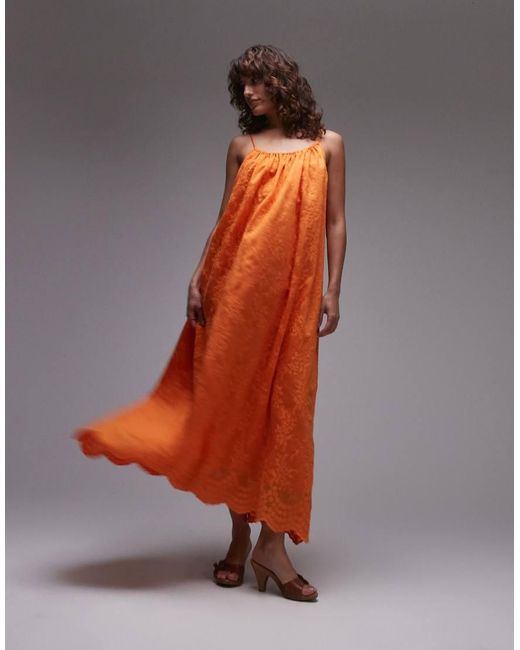 TOPSHOP Orange Embroidered Midi Dress