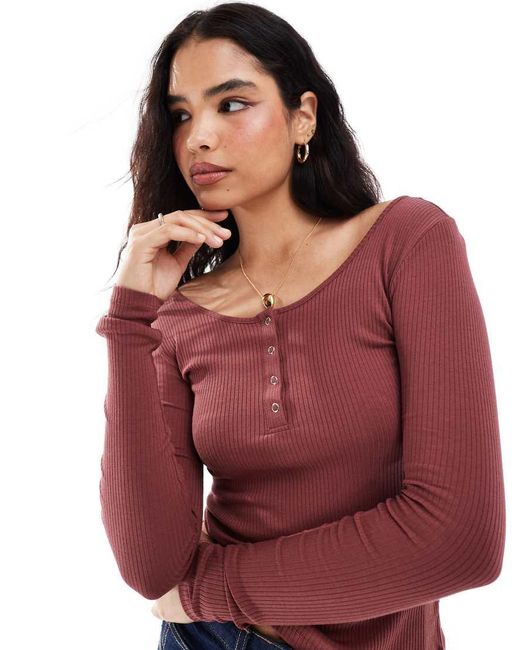 Pieces Red Ribbed Popper Front Long Sleeve Top