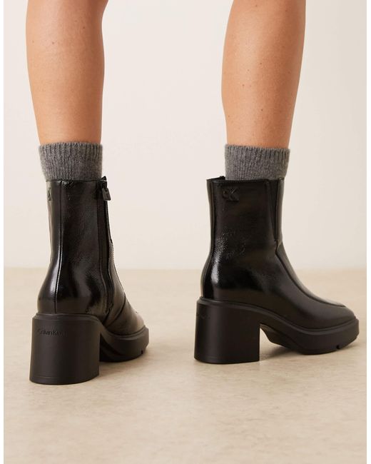Calvin Klein Black 100% Leather Block Heel Ankle Boots