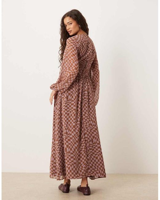 ASOS Pink Chiffon Crew Neck Maxi Dress With Ruched Waist And Volume Sleeve