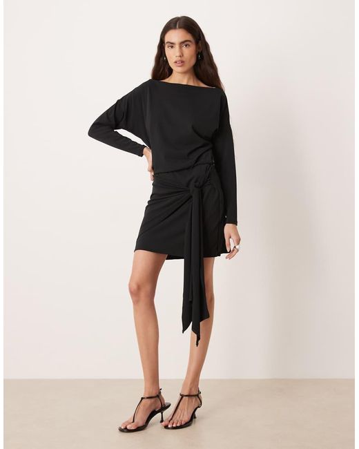 Abercrombie & Fitch Black Slash Neck Long Sleeve Mini Dress With Tie Up Front Detail