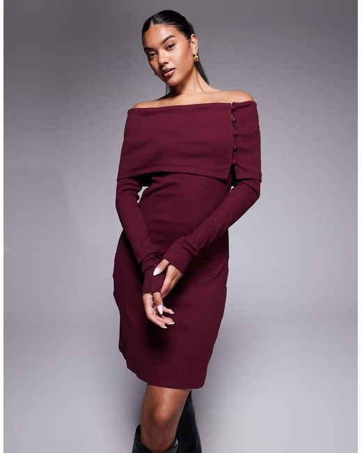 ASOS Red Bardot Rib Mini Dress With Button Detail