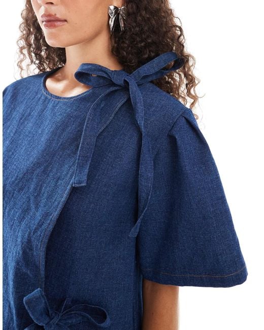 Ghospell Blue Bow Detail Textured Mini Dress