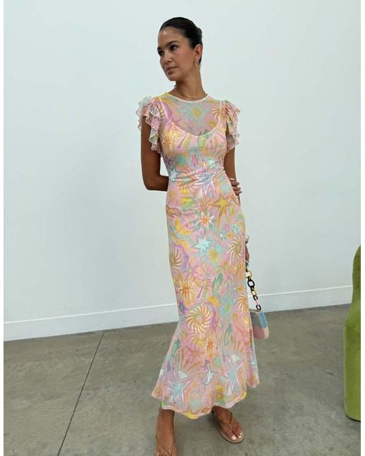 Never Fully Dressed Natural Petite Frida Mesh Frill Sleeve Maxi Dress