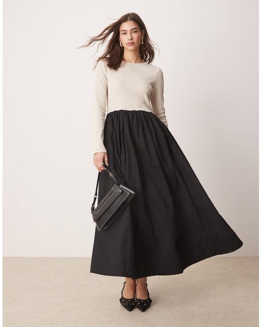 Y.A.S Black Long Sleeved Jersey And Poplin Hybrid Maxi Dress