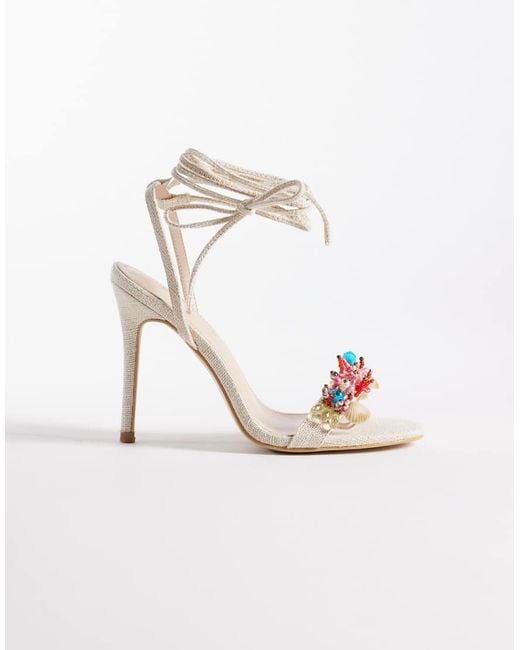 Public Desire White Coastal Tie Leg Heeled Sandals With Faux Shell Appliques