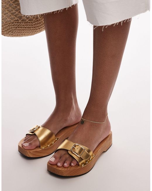 TOPSHOP Brown Iren Premium Leather Clogs With Buckle Detail