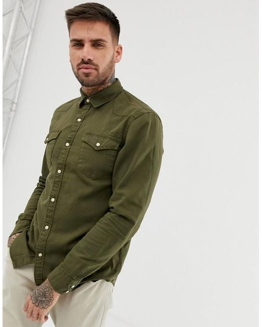 Pull&Bear Denim Shirt In Olive in Green for Men | Lyst Canada