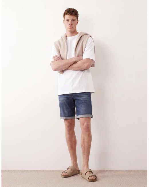 ASOS Blue Stretch Slim Regular Length Denim Shorts for men