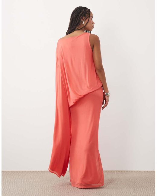 ASOS Red Asymmetric Blouson Mesh Maxi With Extreme Sleeve
