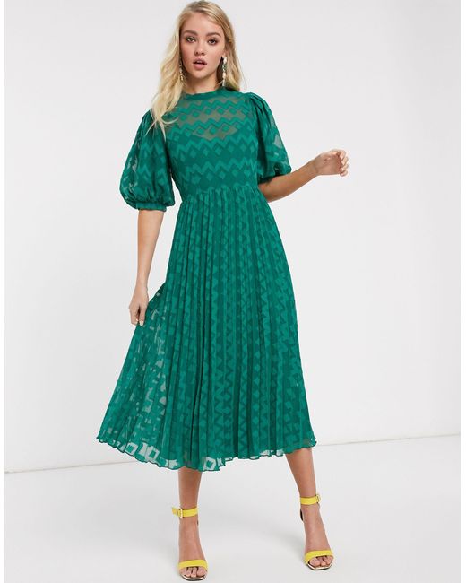 ASOS High Neck Pleated Chevron Dobby Midi Dress With Puff Sleeve in Green | Lyst ASOS High Neck Pleated Chevron Dobby Midi Dress With Puff Sleeve in Green | Lyst