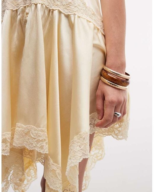 Miss Selfridge Natural Boho Satin Lace Insert Hanky Hem Mini Dress