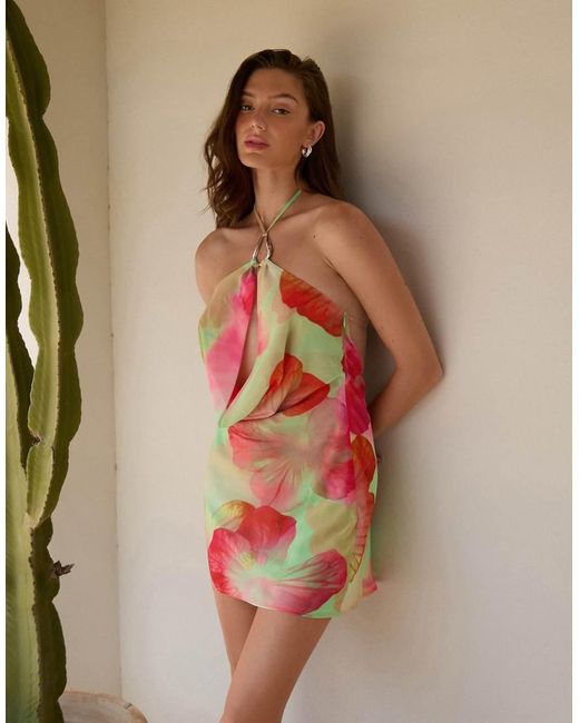 The Frolic Multicolor Exclusive Chiffon Gold Hardware Open Cowl Detail Ruched Mini Dress