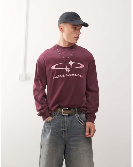 Collusion Red Long Sleeve Skater Fit T-Shirt With Print for men