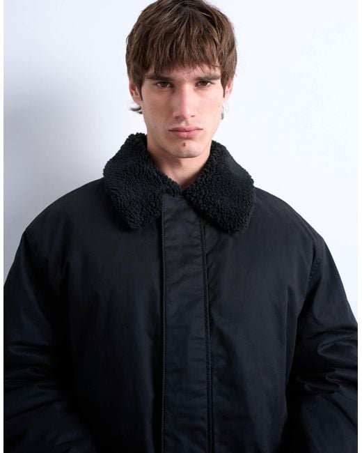 Topman Blue Padded Coach Jacket With Borg Collar for men