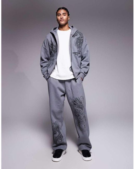 River Island Gray Wide Leg Dragon Print Sweatpants for men