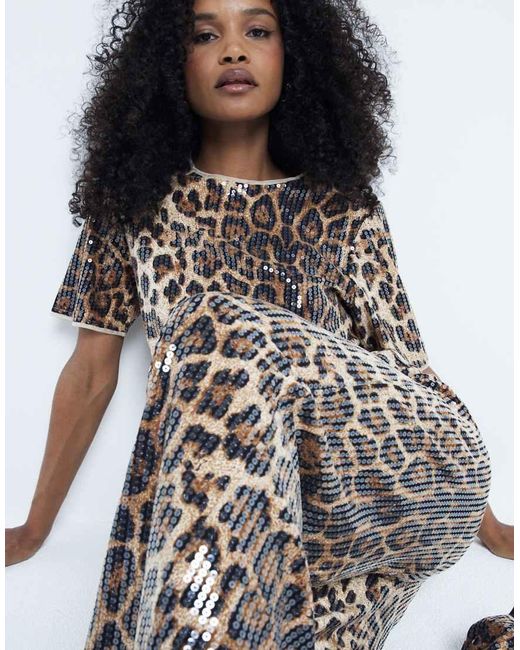 River Island Gray Leopard Print Sequin Trouser