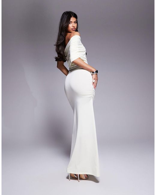 ASOS White One Shoulder Ruched Mesh Maxi Dress