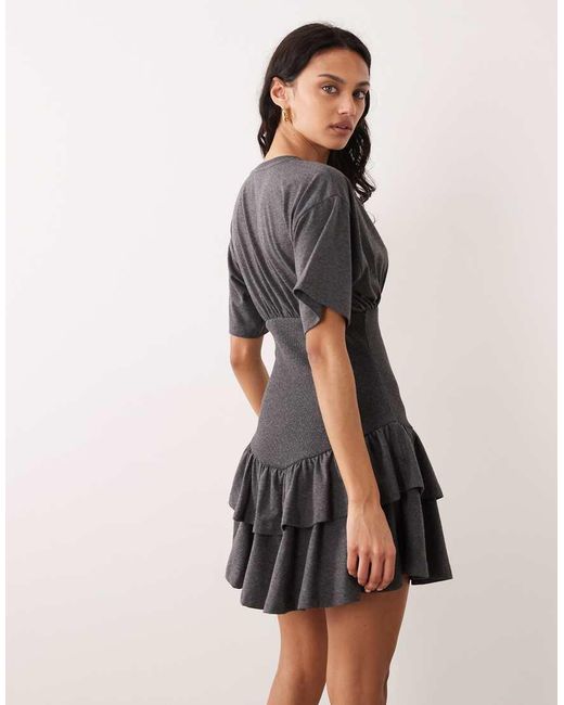 ASOS Natural Cinched Waist Mini T-shirt Dress With Ruffle Skirt