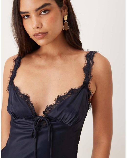 ASOS Blue Lace Trim Satin Slip Maxi Dress