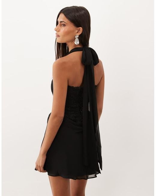 Oh Polly Natural Chiffon Halter Neck Embellished Lace Corset Mini Dress