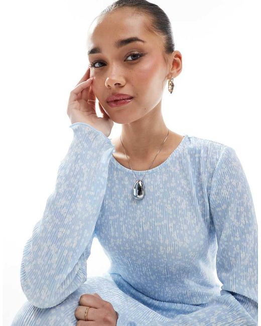 Pieces Blue Long Sleeve Plisse Midi Dress