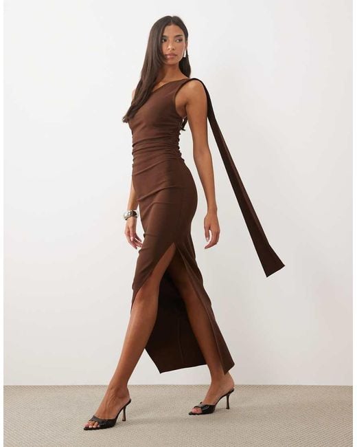 TFNC London Natural Bengaline One Shoulder Draped Maxi Dress