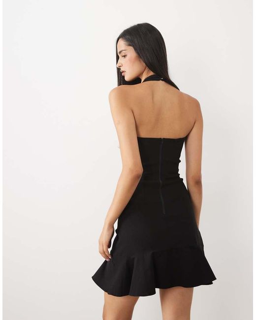 Vesper Natural Bengaline Scoop Halterneck Ruffle Mini Dress