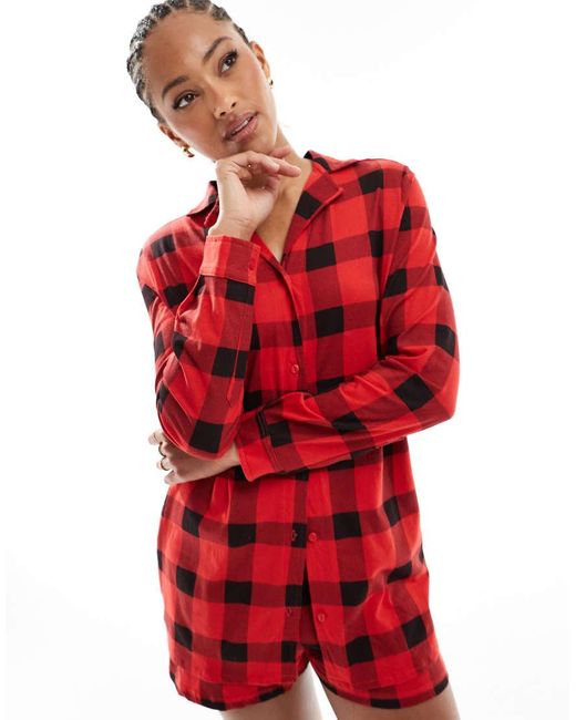 Brave Soul Red Long Sleeve And Black Check Shirt And Shorts Lounge Set