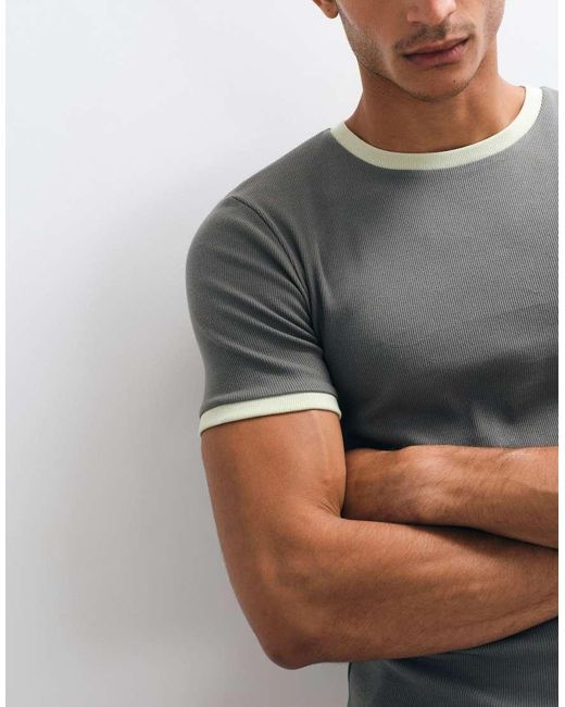 ASOS Gray Muscle Fit Ribbed T-shirt With Ringer Detailing for men