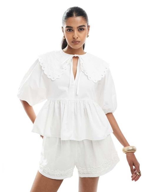 ASOS White Short Sleeve Smock Top With Broderie Collar
