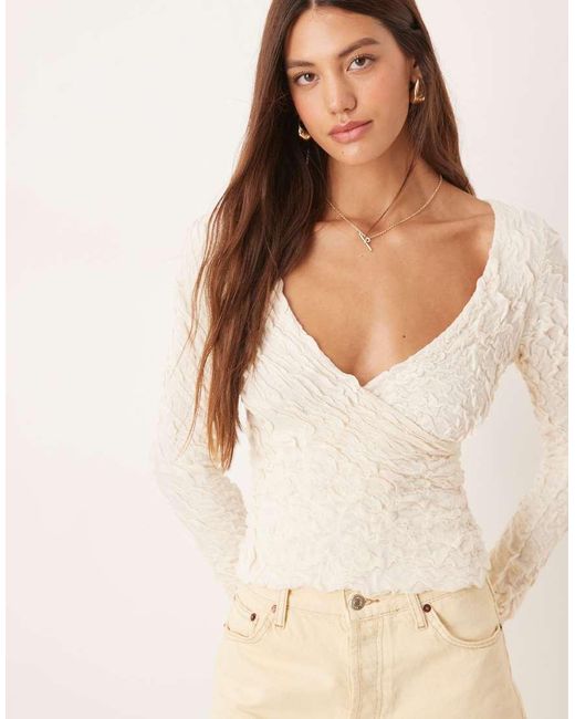 Aware Natural Stretchy Jacquard Knit Bell Sleeve Wrap Detail Top