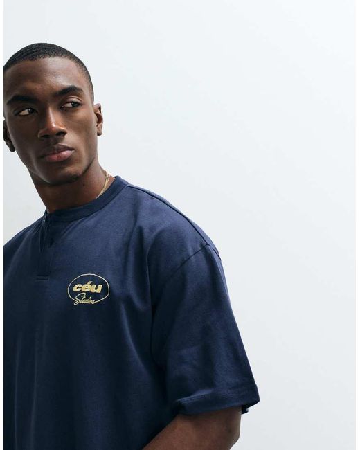 ASOS Blue Boxy Oversized Henley T-shirt With Text Chest Graphic for men