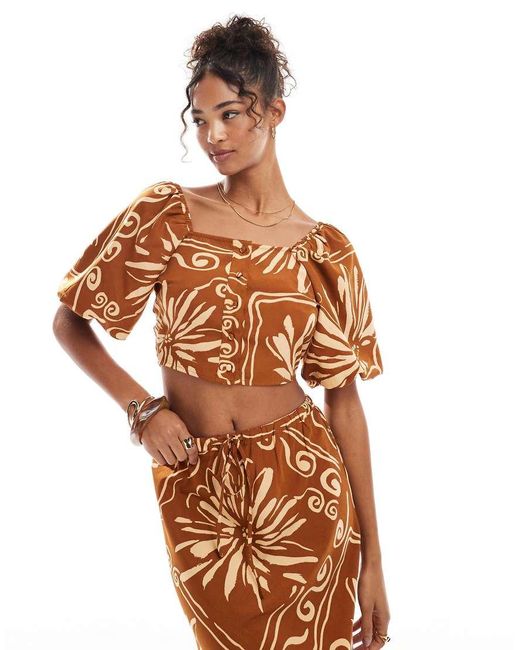 Wednesday's Girl Brown Tile Floral Puff Sleeve Blouse Co-ord