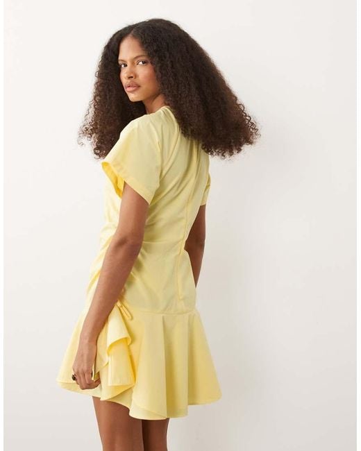 ASOS Natural Poplin Short Sleeve Mini Dress With Ruching Tie Waist Detail