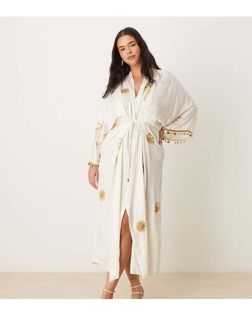 Hope & Ivy Plus Natural Embellished Tie Waist Kimono Wrap Midi Dress