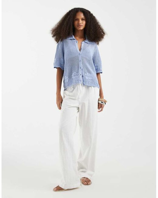 Vero Moda Blue Short Sleeve Floral Crochet Knit Button Front Polo Top