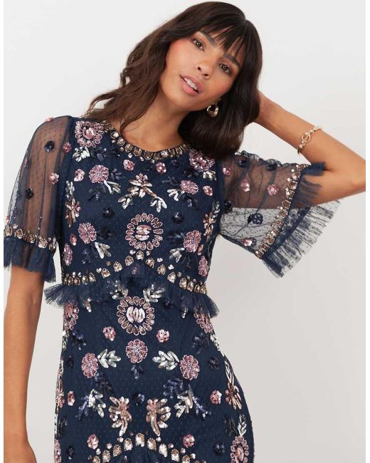 Maya Blue Embellished Short Sleeve Spot Mesh Maxi Dress